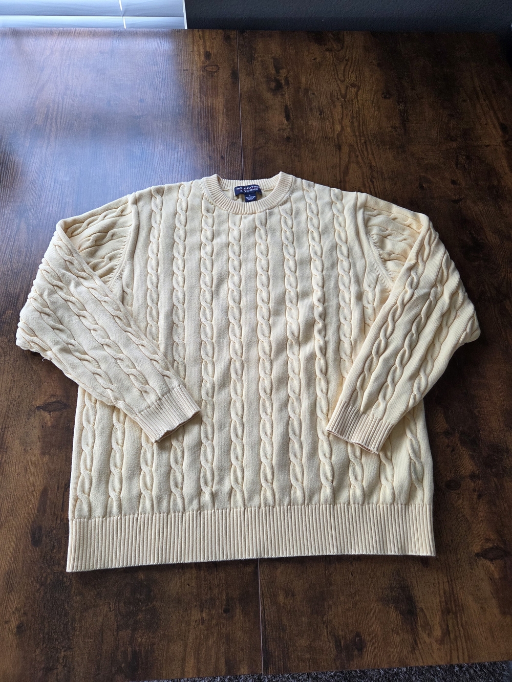 ROUNDTREE & Yorke Mens Cable Knit Sweater Crew Neck Yellow Size Large